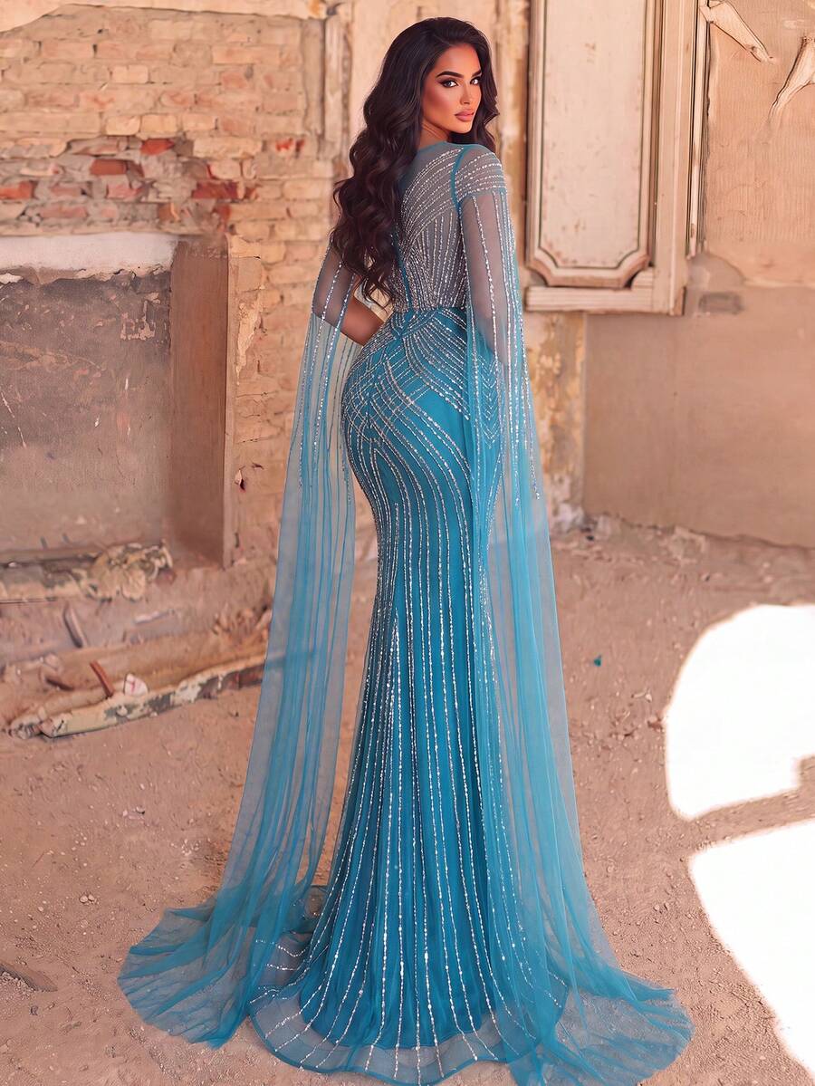 Elegant Women's Sequin Mermaid Formal Gown, Round Neck Design, Exquisite Cape Sleeves, Suitable For Balls And Evening Events - Blue - View 1
