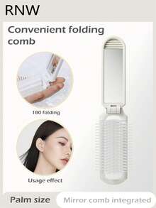 RNW Folding Hair Brush With Mirror, Compact Portable, 180° Foldable, Hair Styling Tool For Travel & Daily Use, 1 Pc,Brand Beauty Cosmetic Makeup - White - View 2