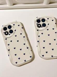 1pc Wavy Edge Navy Mini Heart Print Phone Case, Soft TPU Shockproof Protective Cover, Simple Heart Pattern Phone Case Compatible With Samsung, Moto, Series Phones - White - View 5
