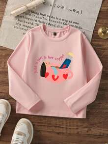 Big Girls Crew Neck Long Sleeve T-Shirt, "Just A Girl & Her Coffee" Cute Cartoon Graphic Print Casual Basic T-Shirt - Pink - View 3