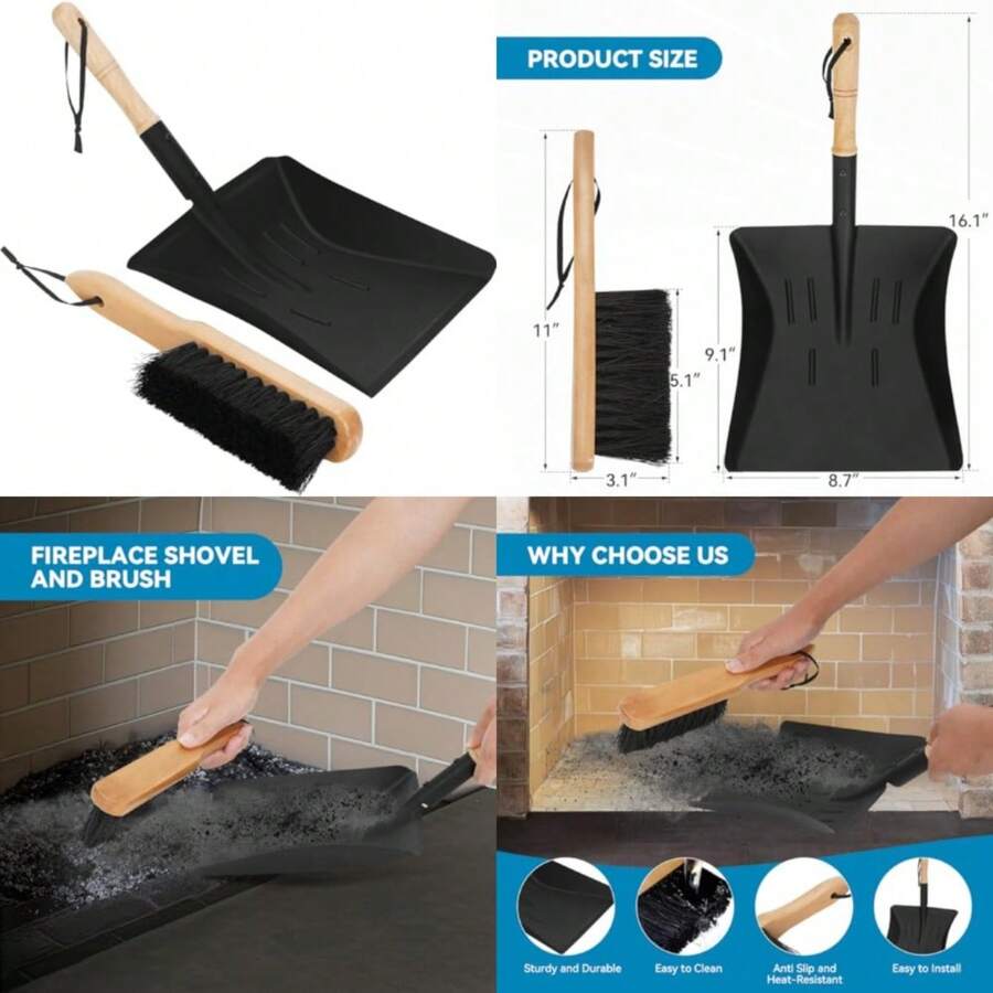 G GOOD GAIN Fireplace Ash Shovel And Brush Set -Rust Resistant Metal Fireplace Shovel For Ash Cleaning, Fireplace Tools Set Indoor And Outdoor For Stoves, Fireplace Broom And Dustpan Set For Fire Pit - As Pic - View 1