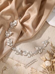 1pc Silver Leaf Bridal Headband With Free Hair Pins, Rhinestone Floral Wedding Hair Vine, Elegant Soft Hair Accessory For Bride Prom Evening Party - Multicolor - View 4