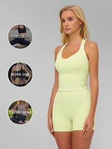 MFVIM Women's Colorblock Yoga Set With Double Shoulder Straps, Premium Sports Fitness Outfit For Running And Workout - Limelight Green - View 6