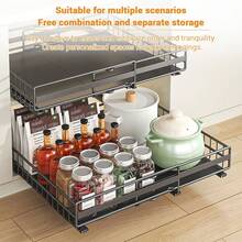 Expandable Pull-Out Cabinet Organizer for Kitchen or Bathroom – Slide-Out Storage Drawer 31-49cm Adjustable Width, Adhesive No-Drill Install, Durable Steel Basket Shelf - Schwarz - Übersicht 6