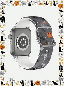 1pc Halloween Gray Background Little Ghost Soft Comfortable Wristband Replacement Silicone Watch Strap, Suitable Compatible With Samsung, , Honor Smartwatches, Suitable Compatible With Apple Watch 38mm 40mm 41mm 42mm 46mm 45mm 44mm 49mm Watch Band, Cute Fashionable Multi-Color Elastic Breathable Sports Watch Band, Unisex Holiday Gift Accessory Watch Band, Suitable Compatible With Apple Watch Ultra Series SE Series S12-S1 Watch Band - Multicolor - View 2
