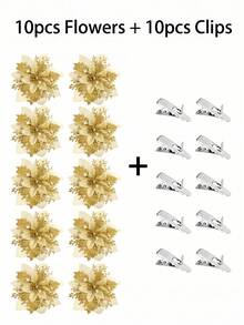 1/10/20/30pcs Shiny Red Christmas Tree Hanging Ornaments With Clips, DIY Christmas Wreath Party Decoration Flowers, Home Decor, Party & Holiday Decoration Flowers, Gift Box Decoration (Gold) - Gold - View 12