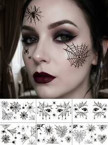6 Sheets Goth Spider Web Tattoo Stickers, Waterproof Halloween Face Tattoos, Spider Eye Shadow Tattoos, For Halloween Makeup Prank Cosplay Festival Prom Rave Accessories - Black - View 9