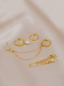 Minimalist Gold Ear Piercing Jewelry, Lotus CZ Chain Studs & Teardrop CZ Huggie Hoops, Delicate Gold Earrings For Daily Wear - Yellow Gold - View 6
