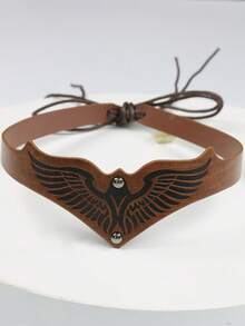 1pc Embossed Wing Leather Headband, Brown V-Shaped Warrior Forehead Band Unisex, Adjustable Viking Medieval Renaissance Halloween Cosplay Costume Hair Accessory - Multicolor - View 2
