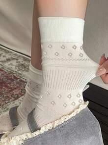 5 Pairs Spring/Summer New Solid Color, Vertical Striped, Polka Dot, Floral Lace Trim Versatile Mid-Calf Socks - White - View 4