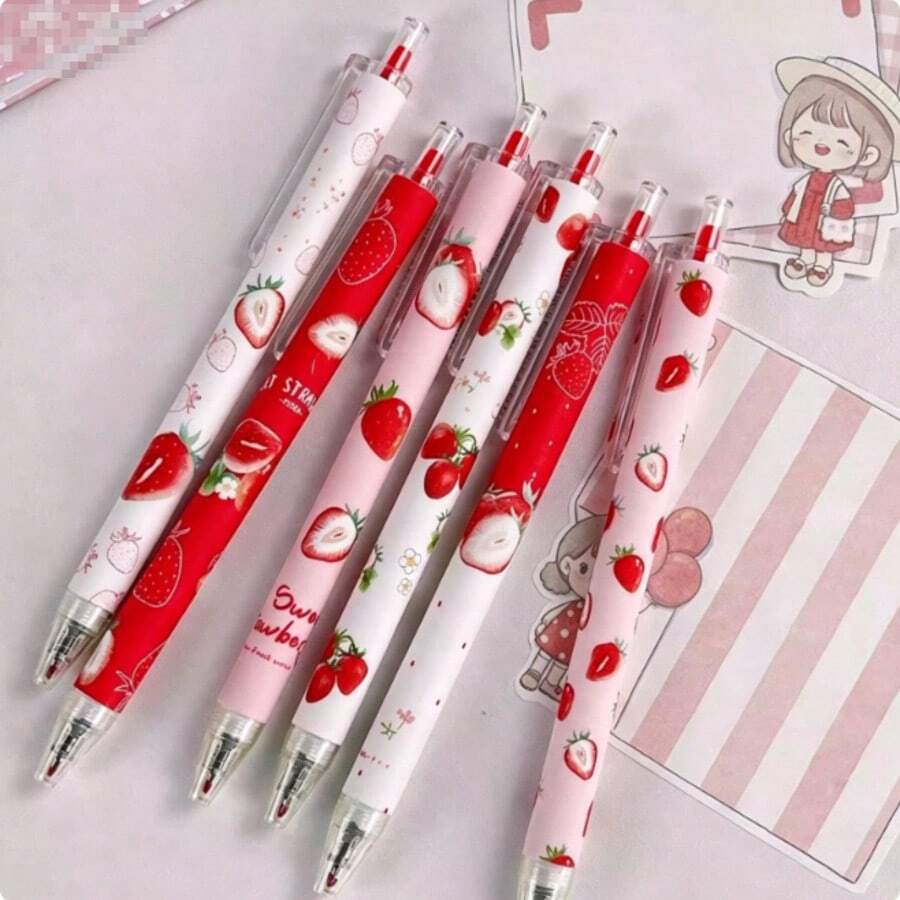 Sweet Strawberry Theme Retractable Neutral Pens, 6 Fresh Fruit Print Pen Barrels, 0.5mm Needle Tip, Quick-Dry Black Ink, Soft Pink Color Scheme, Student Study, Journaling, Girly Style Writing Stationery - Multiple Styles - View 1
