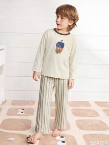 mini bala 男孩女孩棉質居家服套裝，柔軟透氣嬰兒睡衣上衣與長褲，2026秋冬款 - 淺卡其 - 查看 3