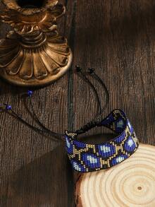 SOUL BEADING Handmade Bohemian Beaded Bracelet, Black Blue Gold Color Combination, Geometric Symmetrical Pattern, Wax Cord Adjustable Length, Suitable For Women Couples Daily Wear, Suitable For Autumn Summer - Handmade Beaded Bracelet - View 9