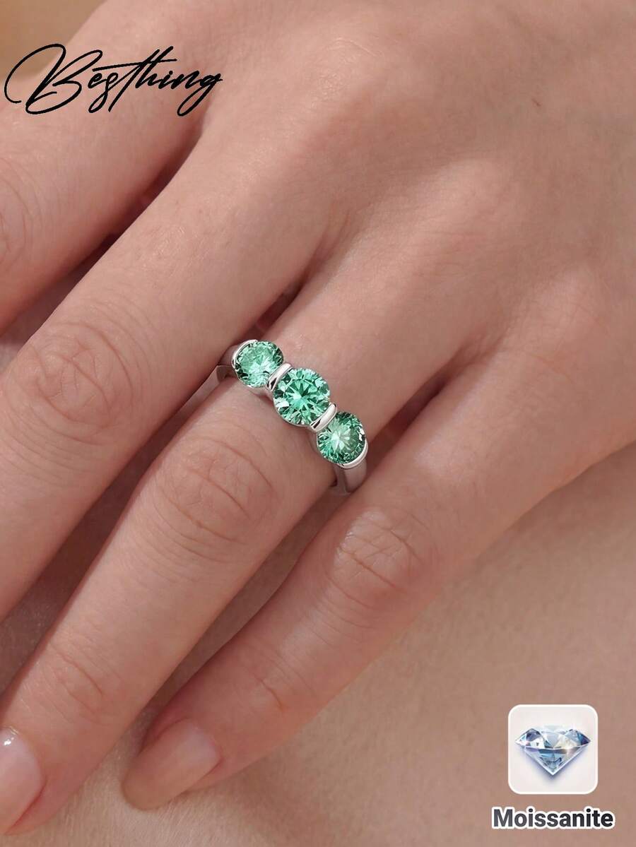 Besthing 1件裝 時尚經典情侶戒指 S925 純銀鑲嵌 1.5CT 圓形藍綠色莫桑鑽 高品質訂婚戒指 適合婚禮、約會、情人節、週年紀念禮物 - 銀色 - 查看 1