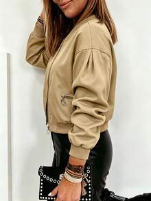 Plus Size Women's Autumn/Winter New Lightweight Khaki Baseball Collar Flight Jacket, Plus Size Drop Shoulder Bomber Jacket, Minimalist Style For Shopping And Commuting, OOTD Essential - Khaki - View 2