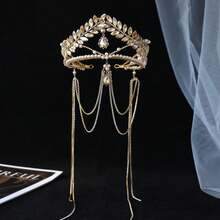 1pc Vintage Crystal Wheat Ear Tassel Crown, Elegant Luxury Bridal Wedding Headpiece - Gold - View 3