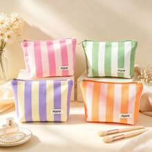 Canvas Makeup Bag, Color Block Striped Zipper Storage Pouch, Colorful Vertical Striped Thick Fabric Large Capacity Handheld Toiletry Bag, Travel Makeup And Skincare Storage Bag - Multicolor - View 1