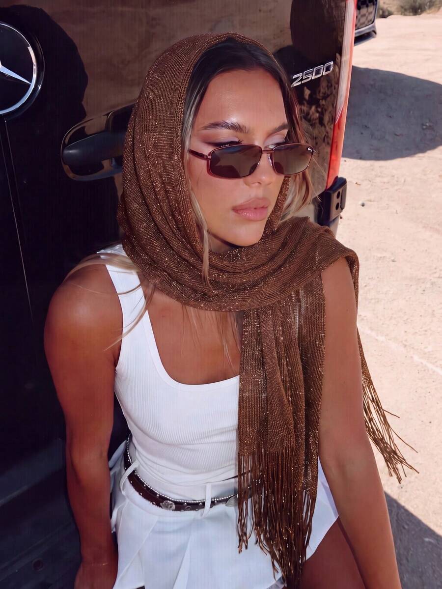 1pc Women's Bohemian Style Luxury Shiny Tassel Shawl, Elegant And Breathable, Can Be Used As Headscarf, Scarf, Evening Dress Accessory, Suitable For Campus Party Occasions, All Seasons, Including Summer Beach Use, Graduation Season, Opening Ceremony - Brown - View 1