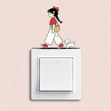 10/6/4/3/2/1pc Cute Cartoon Girl And Puppy Light Switch Stickers Minimalist Kawaii Walking Character Removable PVC Aesthetic Switch Panel Wall Decals For Bedroom Home Decor - Little Girl - View 2