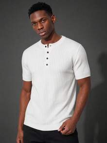 Camvyn Men's Casual Versatile Henley Collar Striped Slim Fit Short Sleeve Sweater - White - View 1