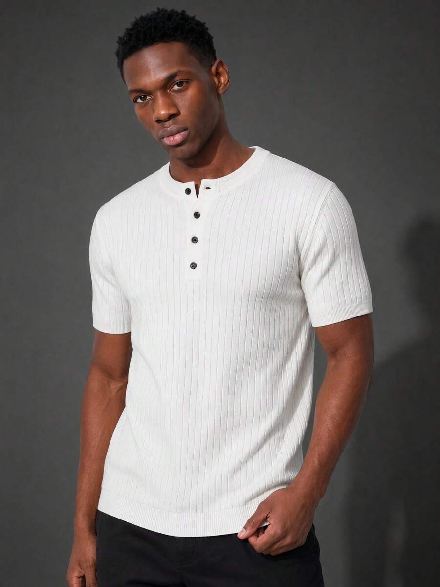 Camvyn Men's Casual Versatile Henley Collar Striped Slim Fit Short Sleeve Sweater - White - View 1
