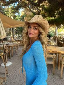 Women's Hollow Out Short Knit Cardigan Dress, Deep V-Neck Tie Knit Dress, Flared Sleeve Design, Suitable For Spring/Summer Beach Vacation Style - Blue - View 6