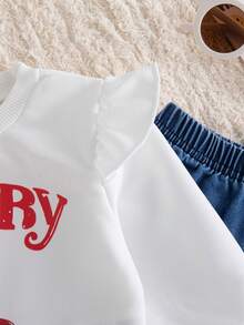 Autumn/Winter Baby Girl Outfit Set & Cute Stylish Cherry Print Cap Sleeve Sweatshirt & Bow Trim Flared Denim Jeans Commute/Outing Set - White - View 6