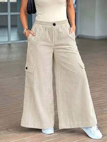 Women's Fashion Corduroy Wide Leg Cargo Pants With Pockets, Elastic Waist Long Non-Stretch Pants, Suitable For Autumn/Winter Wear - Light Apricot - View 8