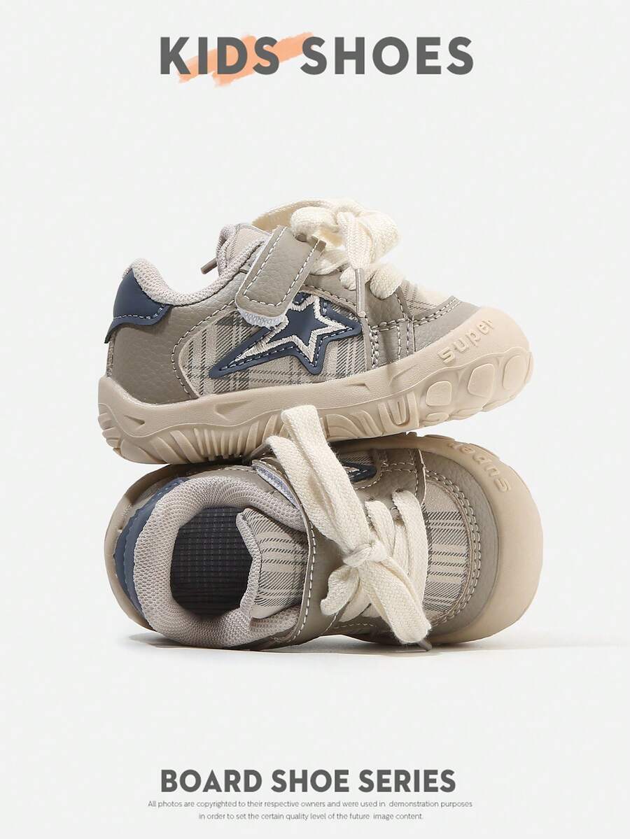 1 Pair Infant Toddler Plaid Star Hook & Loop Low-Top Flat Retro Sneakers For Daily Wear And Outings [Select By Actual Cm Inner Length] - Khaki - View 1