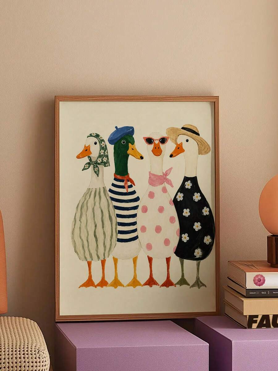 1pc Whimsical Goose Family Poster, Funny Duck Wall Art Print, Cottagecore Animal Decor, Colorful Farmhouse Kitchen Artwork, Vintage Goose Print,Unframed Canvas Decor - Abstract Style a - View 1