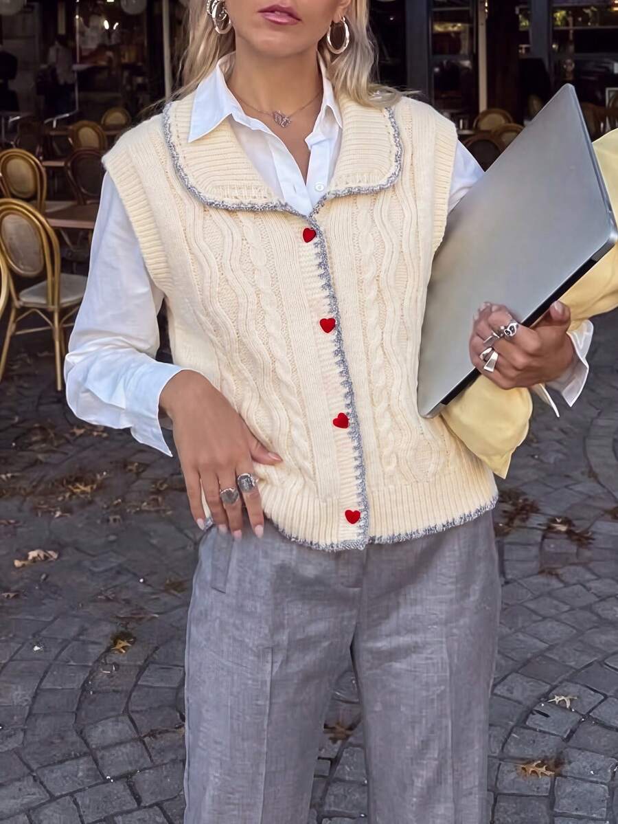 女款甜美愛心鈕扣針織背心,時尚無袖開襟衫,適合咖啡約會、感恩節、萬聖節、聖誕節造型 - 杏色 - 查看 1