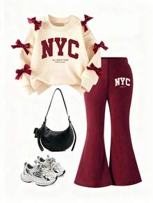 Girls' Simple Fashion Red Bow & Letter Print Apricot Top And Red Pants Sportswear Set, Autumn/Winter - Apricot - View 2