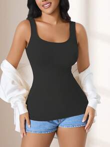 CELILIN Seamless Scoop Neck Tank Top For Women, Soft Ribbed Slim Fit Layering Cami, Comfortable Stretchy Everyday Undershirt - Black - View 6
