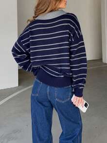 Hot Girl Retro College Striped Collared Button-Down Soft Knit Casual Sweater - Royal Blue - View 3