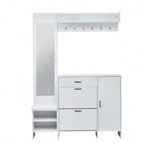 Hall Tree For Entryway, Including Shoe Cabinet, Mirror And Coat Hooks, Multifunctional Shoe Cabinet With Shoe Change Bench, For Hallway Entryway, White, 140x30x200cm - White - View 7