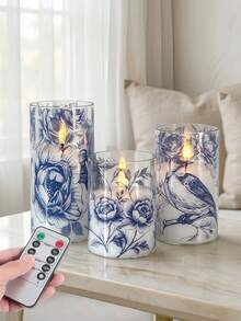 Blue & White Floral Bird Porcelain Electronic Candles LED Simulated Flame Candles With Remote Control Timer 3pcs Set Smokeless Electronic Candles For Holiday Party / Wedding Decor / Home Atmosphere Decoration - Warm White Light - View 3