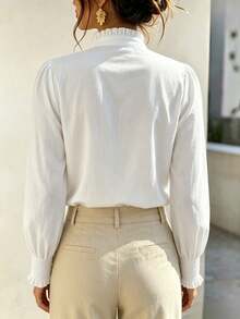 Women's White Floral Leaf Embroidered Stand Collar Long Sleeve Button Front Ruffle Cuff Shirt For Casual Vacation Home Holiday Spring Autumn Winter - White - View 2