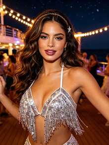 Belly Dance Jazz Sequin Fringe Halter Fitted Performance Crop Top (Multiple Colors Available) - Multicolor - View 17