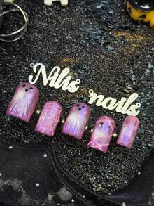 10 pièces Ongles carrés entièrement recouverts faits à la main, ongles à coller, motif œil de chat rose pastèque argenté fantôme & toile d'araignée, faux ongles d'Halloween, réutilisables, convenant pour les fêtes, le quotidien, le cosplay, avec colle gelée et lime à ongles, jolis ongles de fête pour les filles - Rose orangé - Voir 7