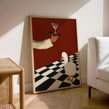 1pc Funny White Duck Cocktail Martini Wall Art Canvas Poster Prints Vintage Checkered Bar Kitchen Painting Artwork Picture Giclee Print Quirky Dining Room Home Decoration Decors Unframed /Framed Or Wooden Hanging - Pattern - View 3