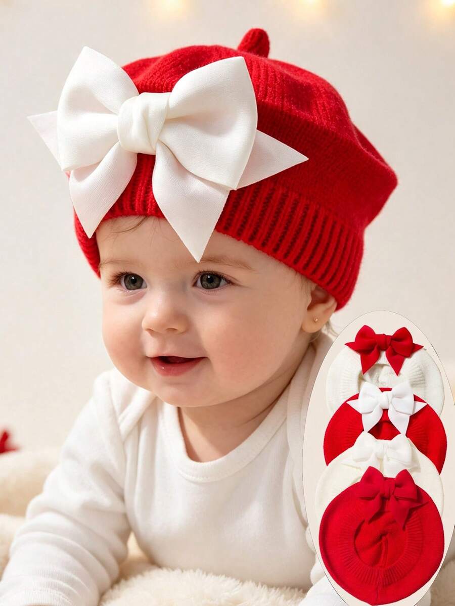 1PC/2PCS Baby Beret Hat,Christmas Hat,Bow Hat,Christmas Dress Up, Boys And Girls Universal,For Newborn Baby 1-3 Years Old,Christmas Gift - Multicolor - View 1