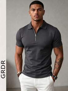 Camiseta casual versátil de manga corta con diseño de cremallera de unicolor para hombres GRDR - Gris Oscuro - Ver 2
