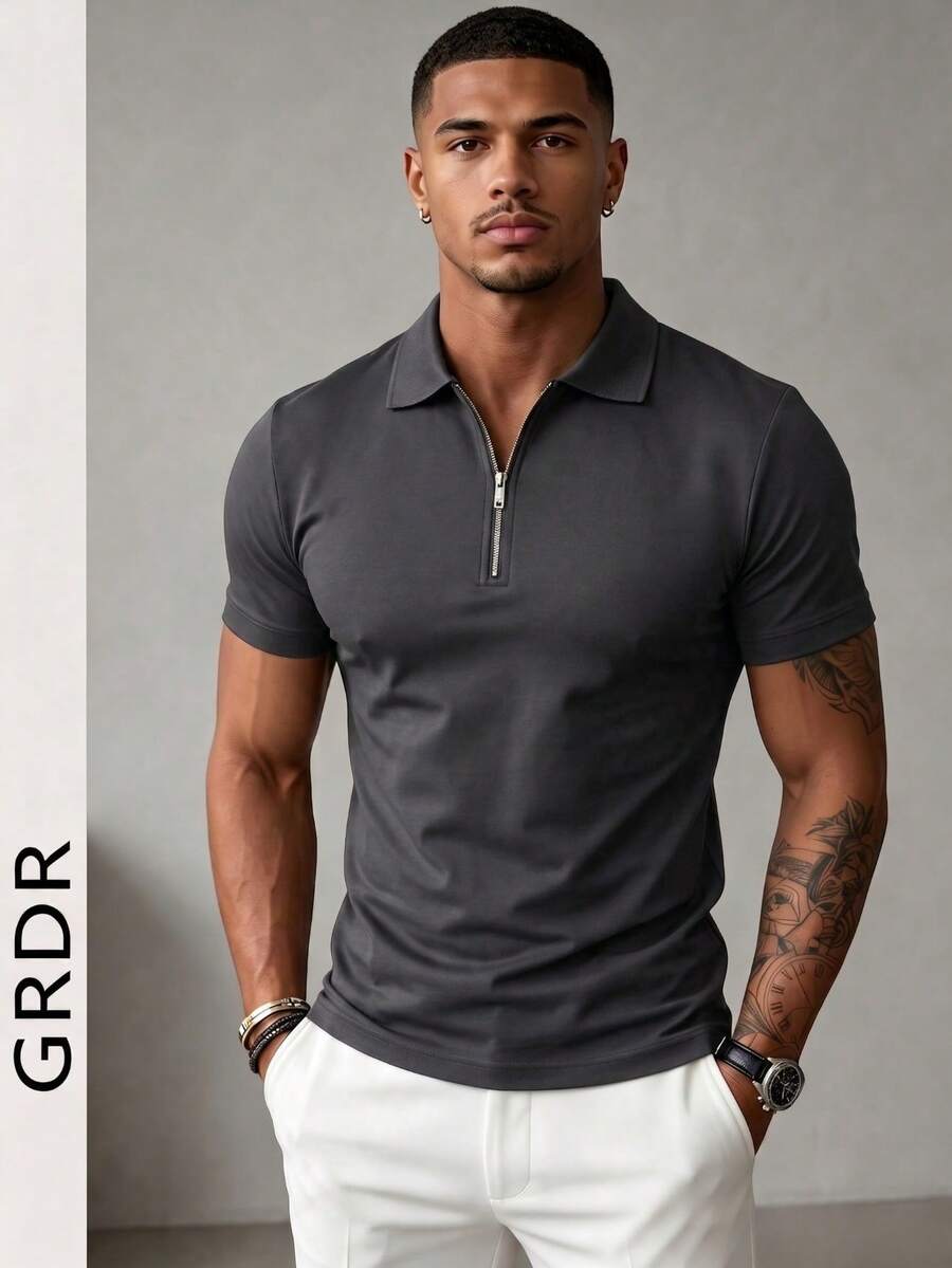 Camiseta casual versátil de manga corta con diseño de cremallera de unicolor para hombres GRDR