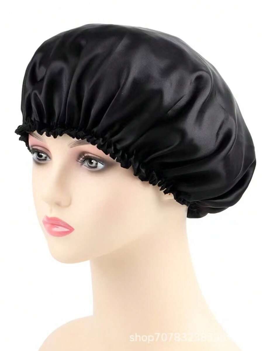 1 Piece Of Women's Solid Color Satin Nightcap, Fashionable Nightcap, Used For Daily Wear, Protection And Styling Hair, - Black - View 1