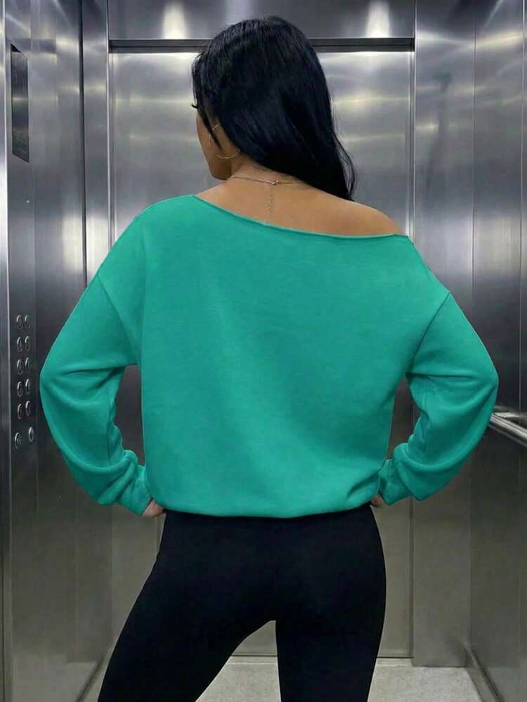 Women's Casual Fleece Cold Shoulder Loose Sweatshirt, Suitable For Daily Autumn/Winter Wear, Autumn/Winter Outfits, Green Fall - Cadet Blue - View 7
