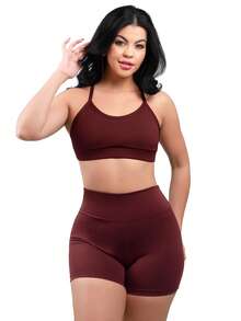 Work Fitness Kit 2 Set Backless Cross Strap Top And Basic Premium Shorts - Azul y vino - Ver 3