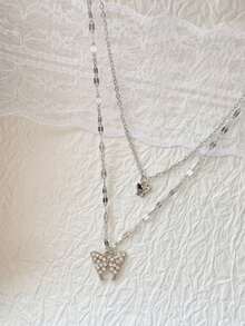 1 pieza Collar dulce & elegante con diseño de mariposa a doble capas clavícula - Plateado - Ver 3