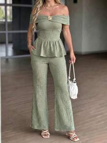 Solid Color Cute Party Metal Decor Off-Shoulder Casual Ruffle Top And Pants Loungewear Set - Bean Green - View 4