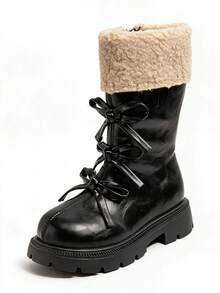 Autumn/Winter Girls' Lamb Wool Mid-Calf Boots, Bow Design Side Zipper Children's Boots - Black - View 7