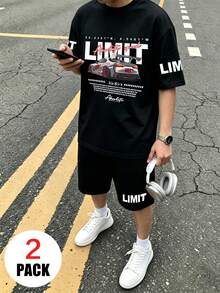 2pcs/Set Teen Boys Casual Outfit, Racing Theme Print Loose Top + Sports Shorts, Comfortable And Soft, Suitable For Summer And Sports - Black - View 2